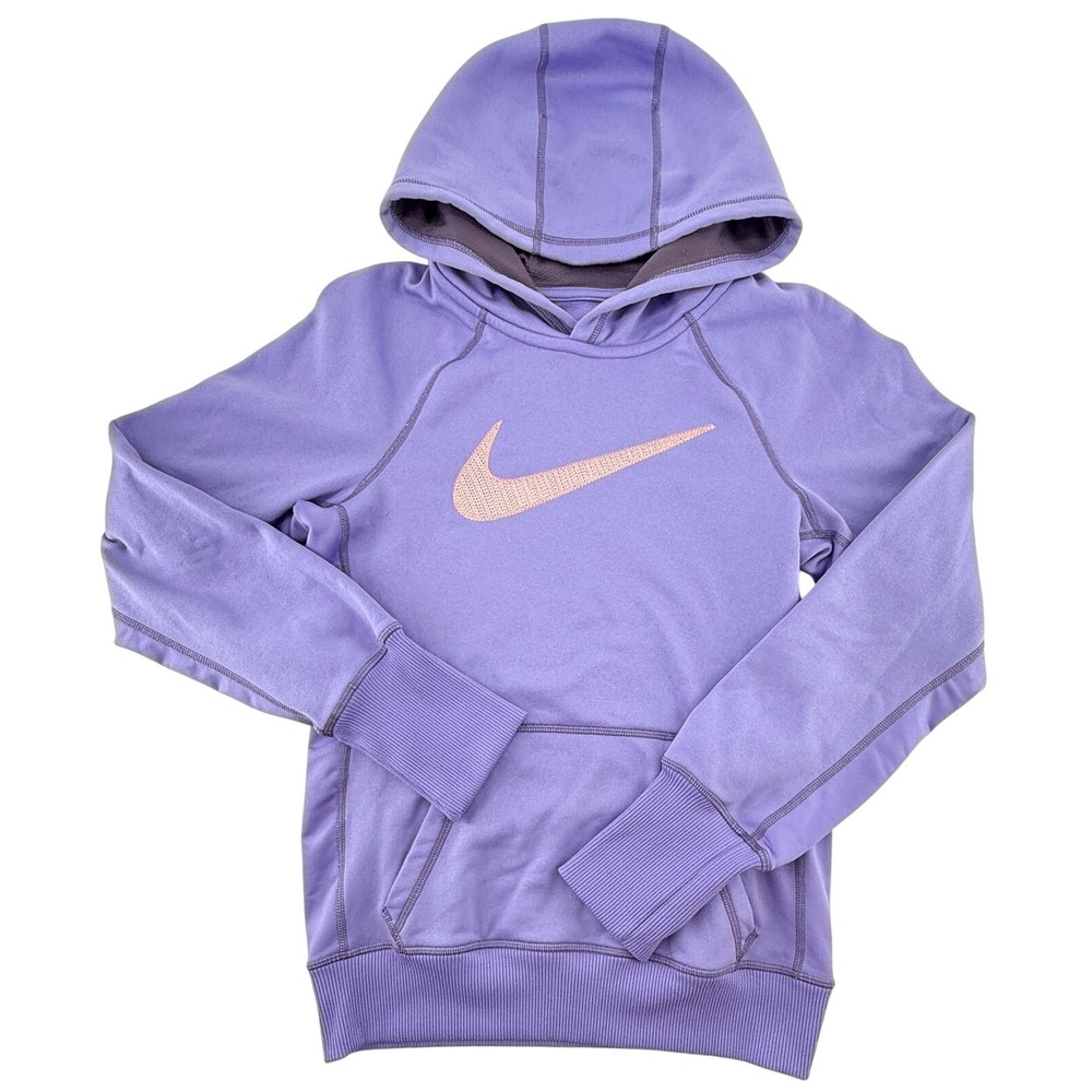 Nike Therma Fit Hoodie Womens XS Purple Big Swoosh‎ Pullover Fleece Athletic